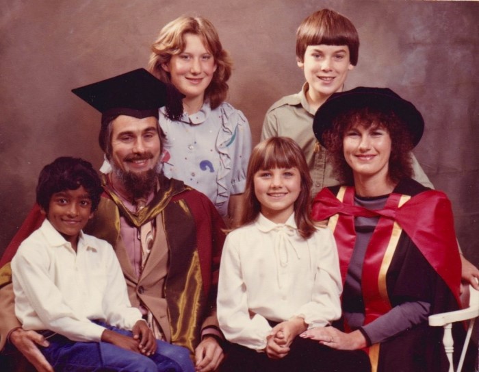 Jenni's PhD graduation with John and children, Auckland, 1984